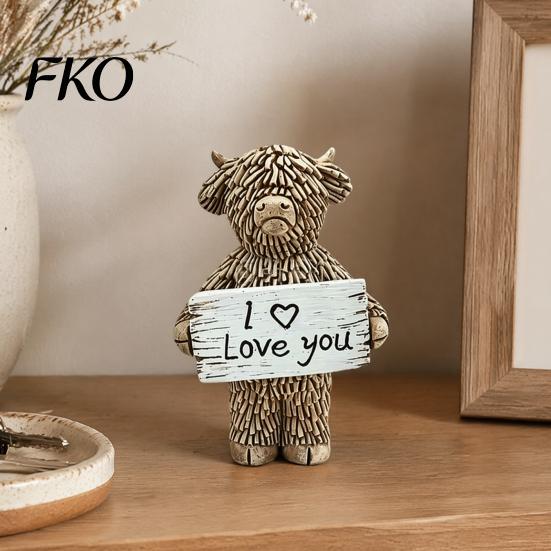 Lifelike Highland Cow Decor Desktop Ornament, Heartwarming Animal Figurine, Resin Farmhouse Home Statue with Confession Sign for Office