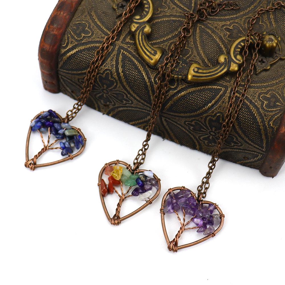 Retro Handmade Wire-Wrapped Natural Stone Crystal Heart Tree of Life Necklace (N142)