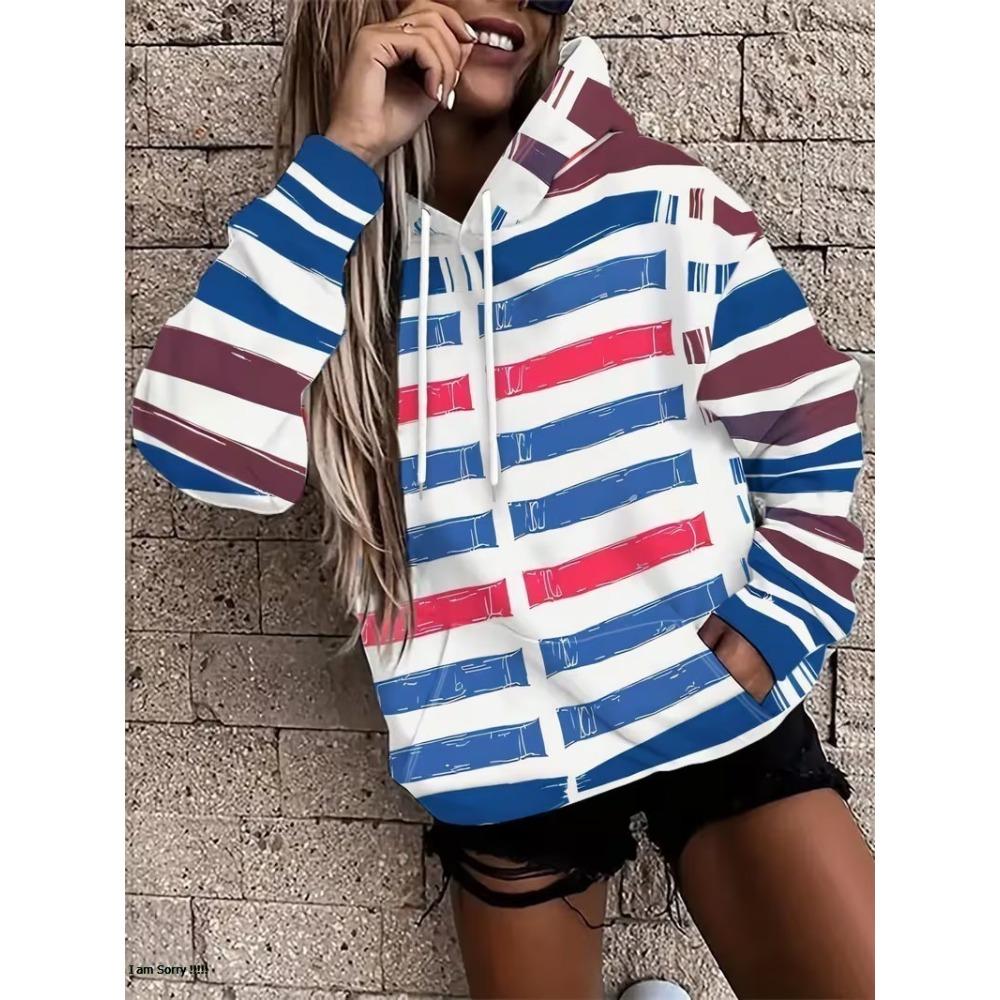 3D Retro Striped Print Casual Pullover Women Long Sleeve Kangaroo Pocket Drawstring Hooded Sweatshirt Personalized Women Hoodie