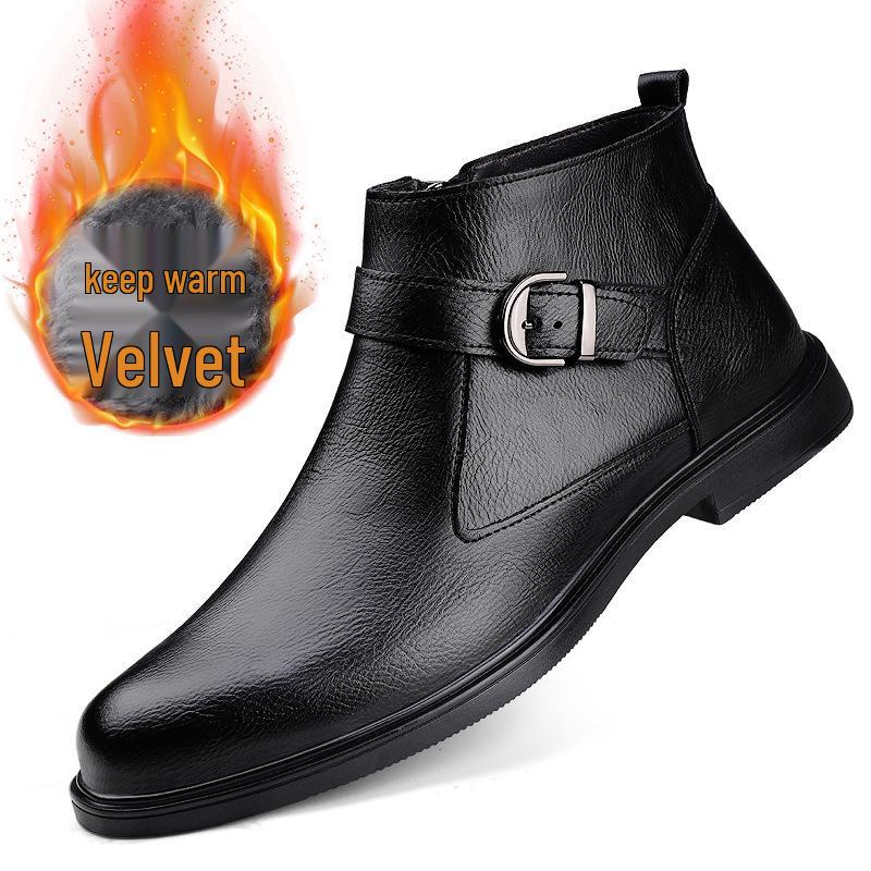 Men's High-Top Leather Slip-On Boots: Formal Casual Cowhide Shoes for Autumn/Winter with Warm Cotton, Large Sizes Available.