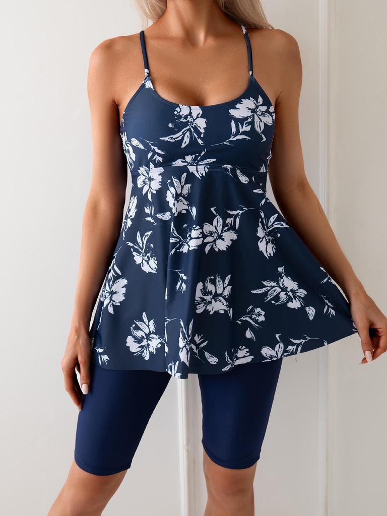 2026 Euro-American Fashion Women's Slimming Two-Piece Swimsuit with Tummy-Covering Shorts and Skirt-Style Digital Print Capri Pants Bikini.