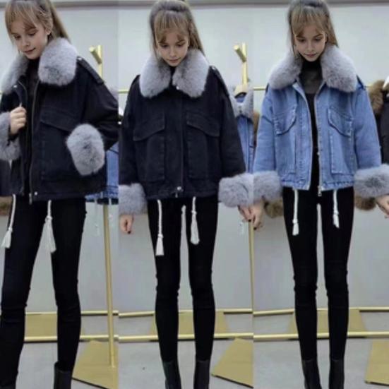Winter Frauen Denim Jacke Faux Pelz Trim Lange Ärmel Dicken Plüsch Gefüttert
