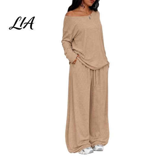 Solid Color Matching Sets Women Sweatshirt Pants 2-Piece Set, Off Shoulder Long Sleeve Top & Lounge Set Wide Leg Trousers, for Spring Autumn Two