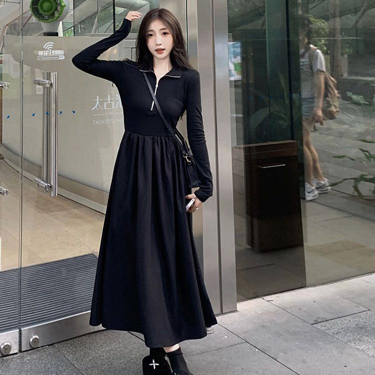 Hepburn black dress women s autumn new long-sleeved waist thin small black dress high-end V-neck long dress S чёрный