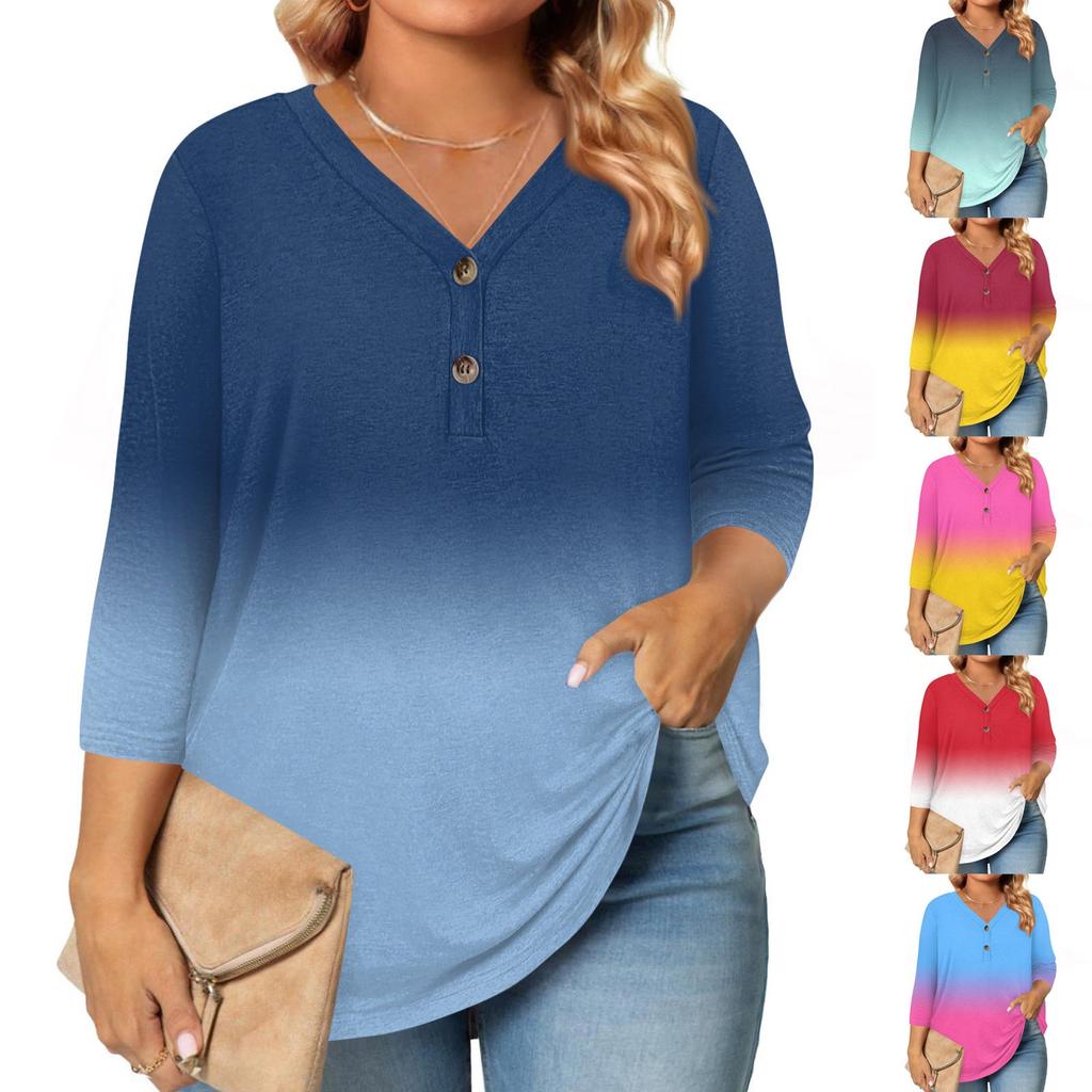 3/4 Length Sleeve Womens Tops Plus Size Button Down V Neck Shirts Blouses Casual Print Loose