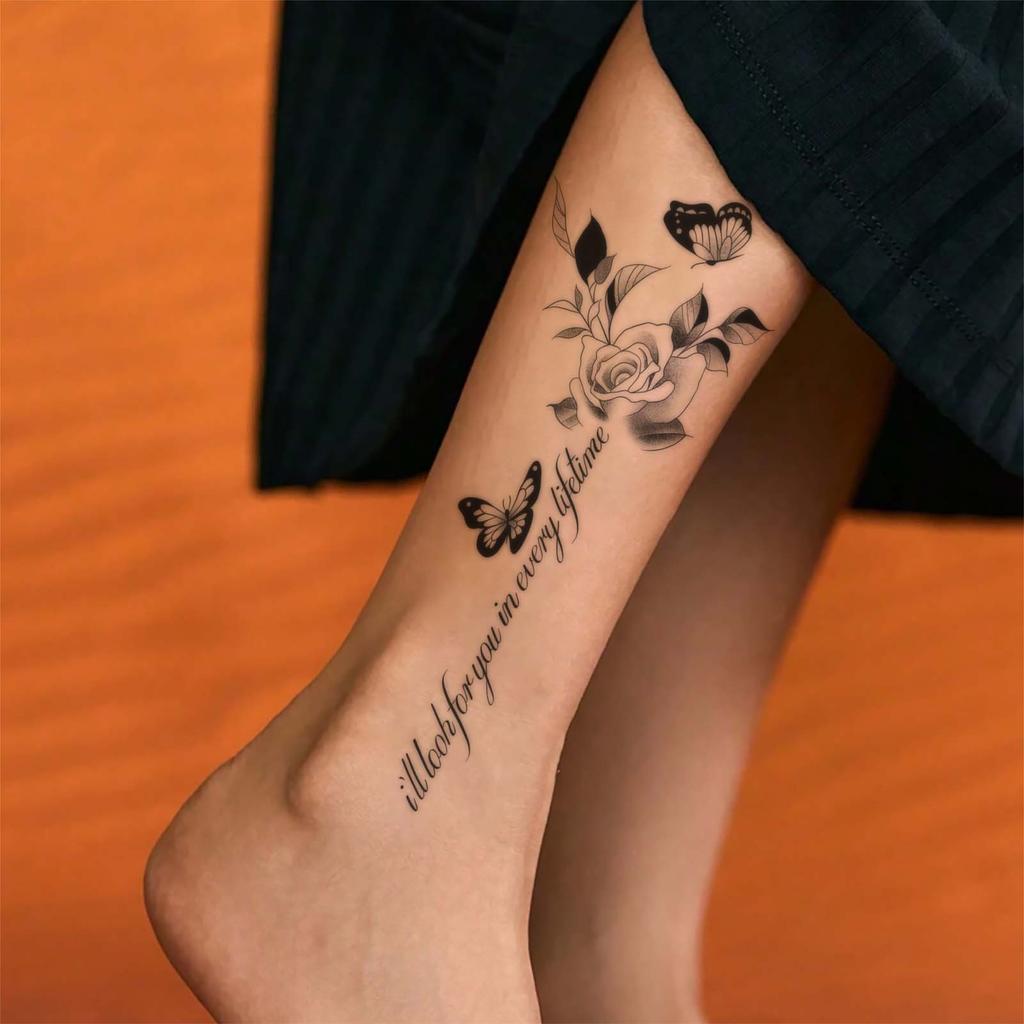 Rose Butterfly English Herbal Tattoo Sticker Clavicle Arm Scar Lasting Dark Semi-Permanent Spice Girl Waterproof Simulation