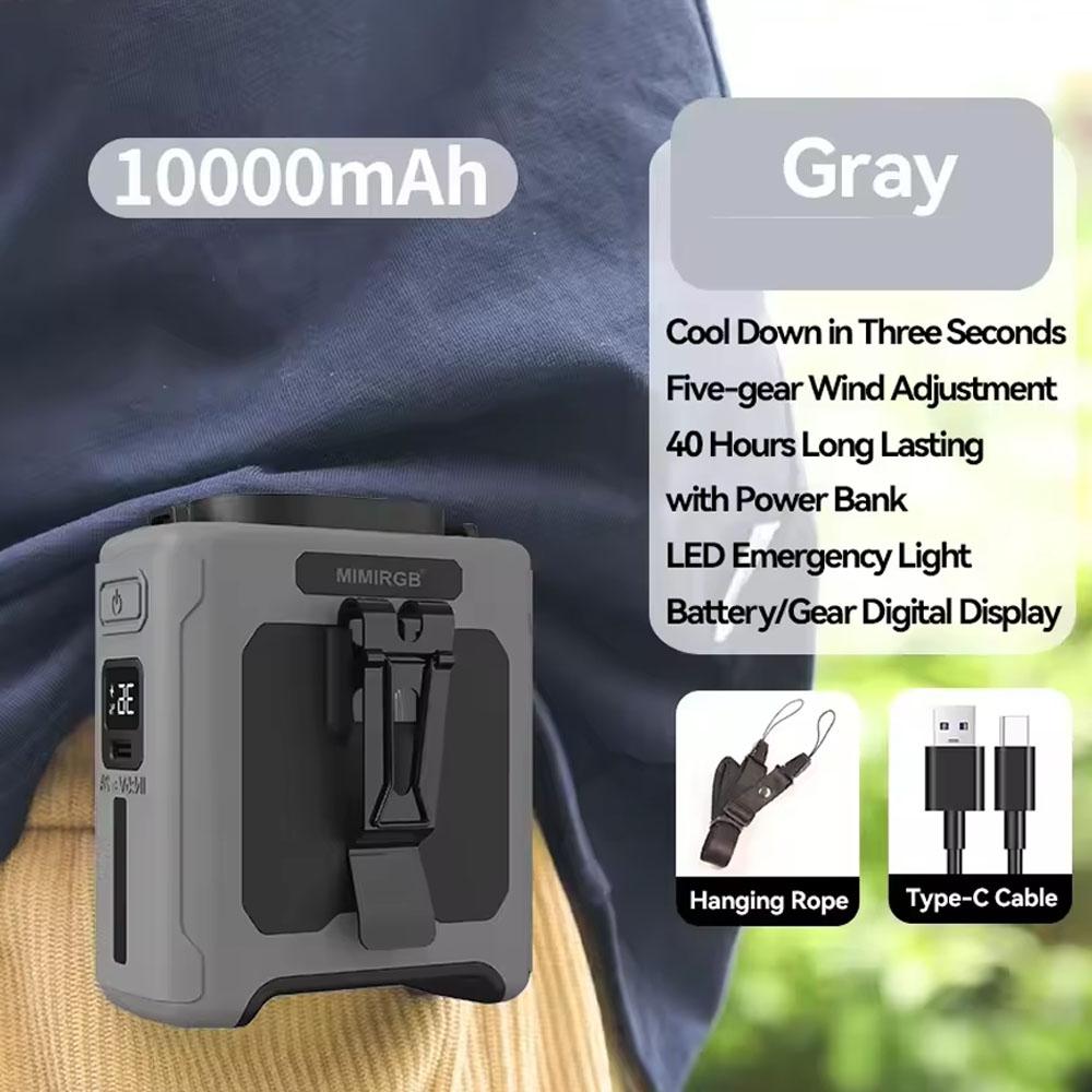 10000mAh Waist Fan with Power Bank 5 Speeds Portable Fan Hands Free Rechargeable Fan Battery Level Display USB Charging Fan