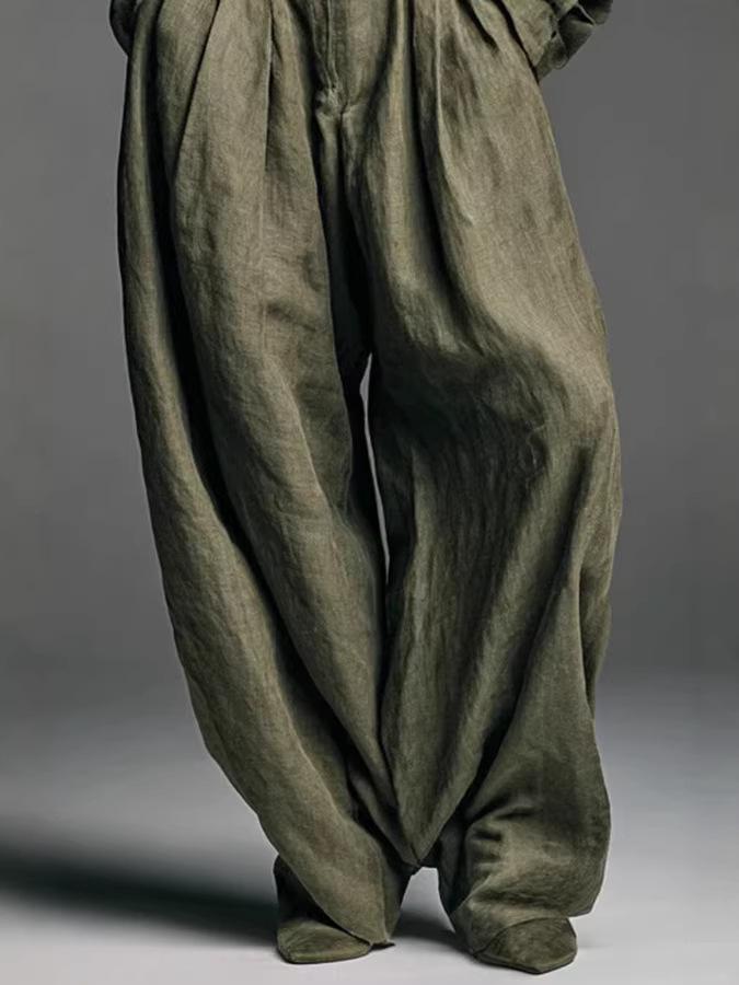 Euro-American Women's Retro Linen-Style Two-Piece Set: Long Sleeve Cardigan & Loose Pants 3057
