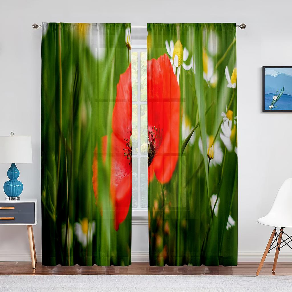 Poppy Flower Red Floral Sheer Voile Curtains for Living Room Bedroom Kitchen Tulle Window Curtain Home Decoration Chiffon Drapes