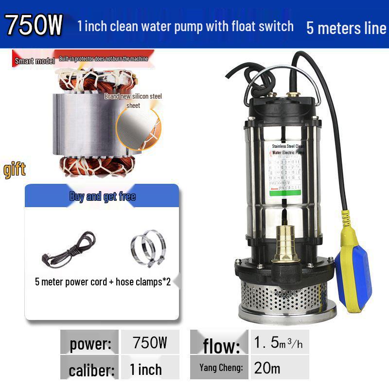 Stainless Steel 220V Small Submersible Water Pump for Household, High Head, Agricultural, and Sewage Use.