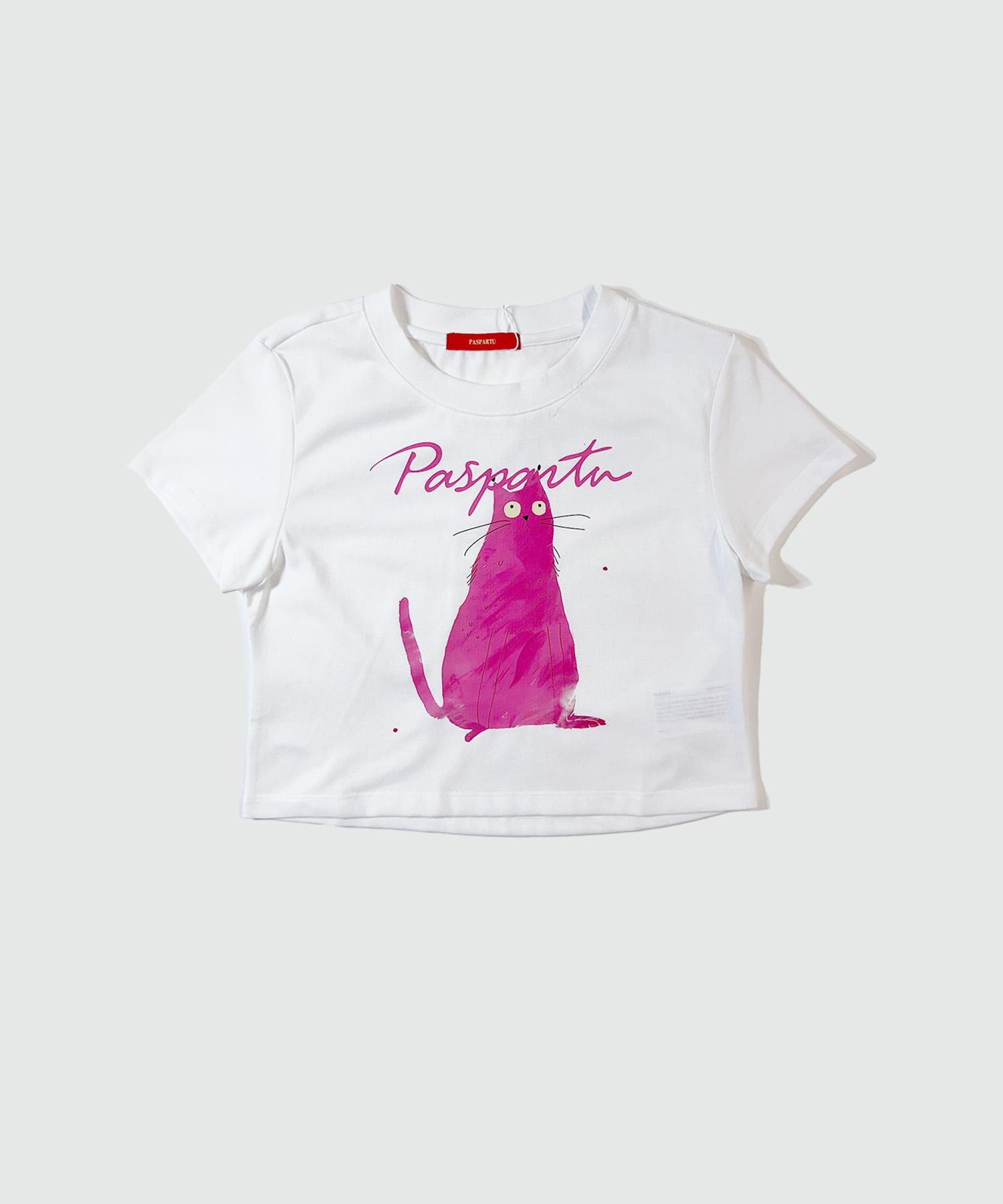 Paspartu Pink Cat Crop Short Sleeve Tee White