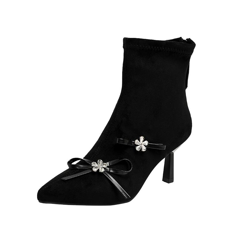 

Stretch Skinny Boots Vintage Rhinestone Bow Suede Zipper Non-Slip Wear-Resistant Stiletto Heel Booties 40 чорний