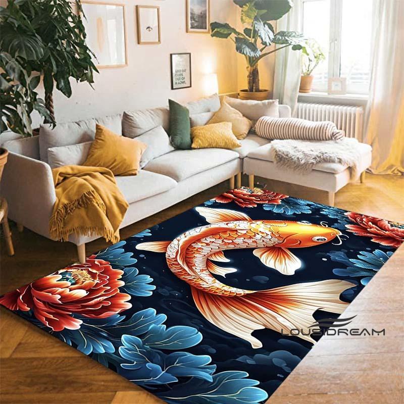Tappeto Cartoon Lussuoso Pesce Koi Fortunato Yin Yang Carpa per Camera da Letto Soggiorno Divano Tappetino d'Ingresso Casa, Tappetino Pavimento Grande Antiscivolo per Bambini