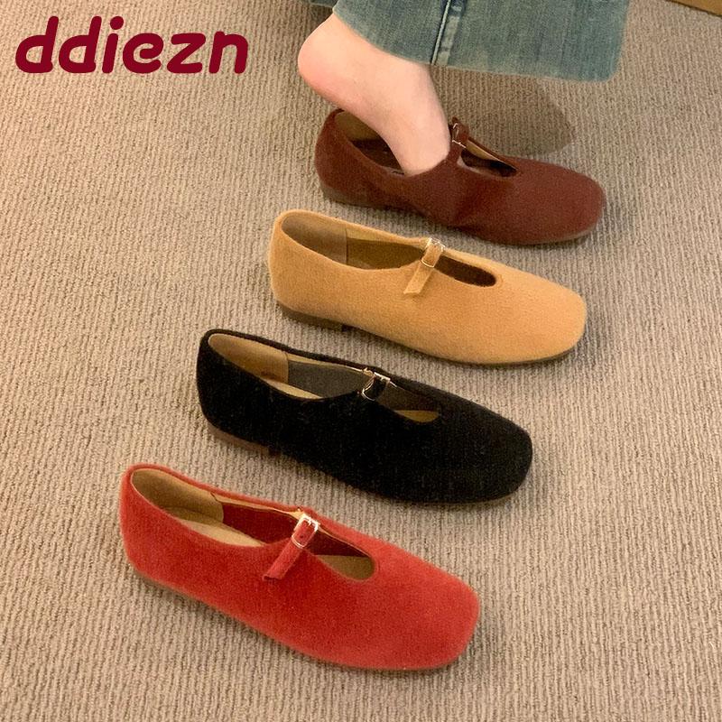 Fashion Buckle Fashion Flock Ladies Mary Janes Flats Shoes Female Square Toe Footwear Shallow Women Flats Slip On Shoes Lady