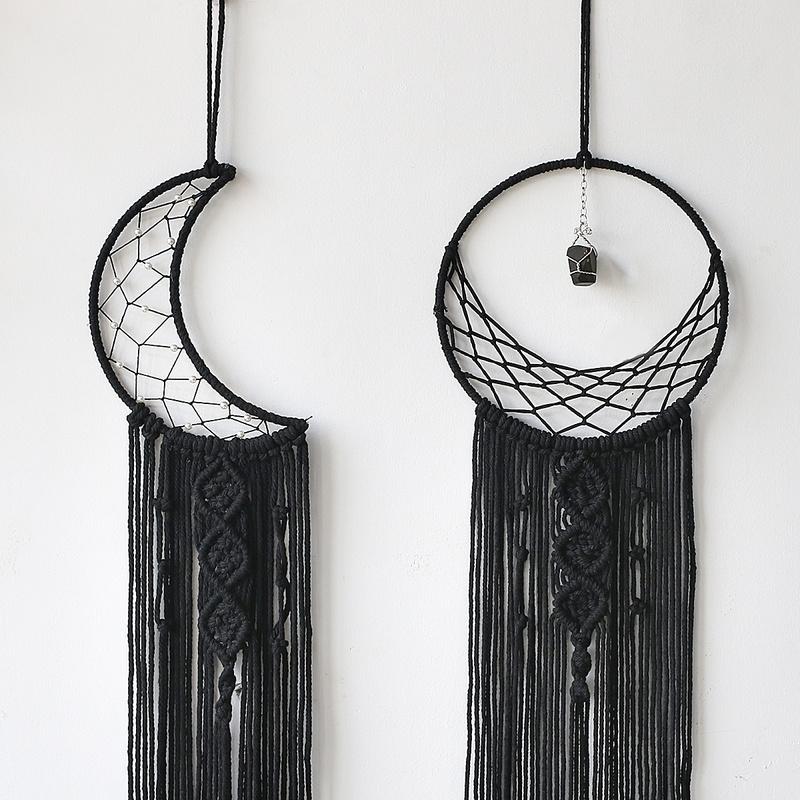Black Macrame Wall Hanging Tapestry Sun Moon Dream Catcher Woven Handmade Home Decor