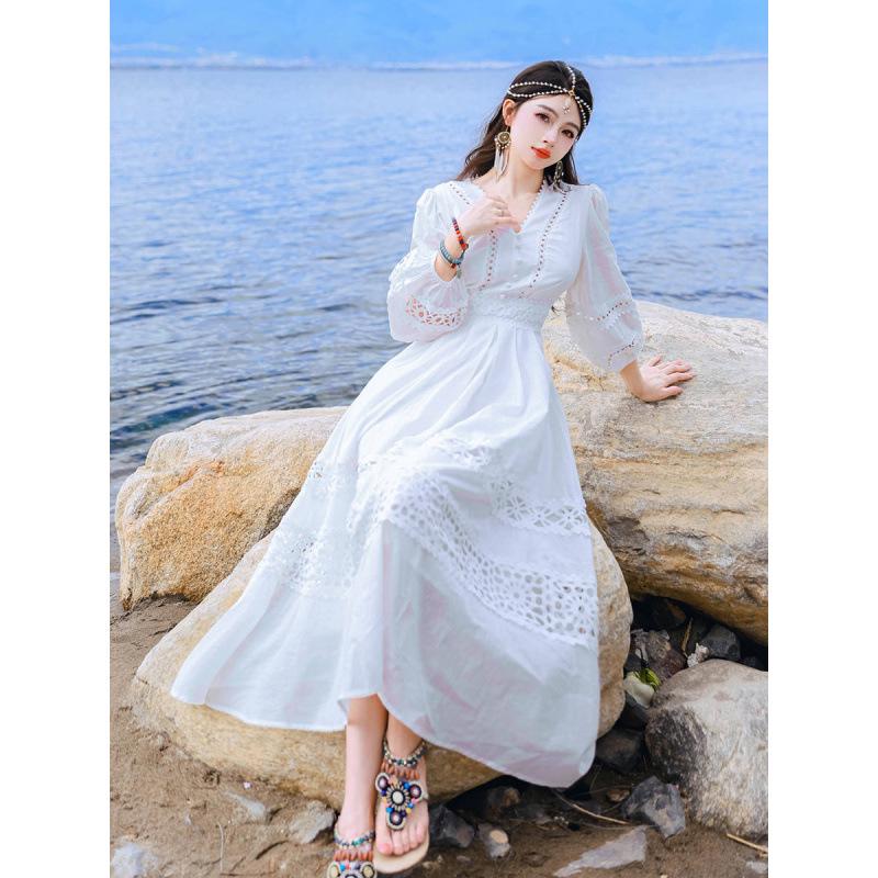 Hand-Crocheted Lace Trim V-Neck Lantern Sleeve Beach Dress - French Hollow Out Style