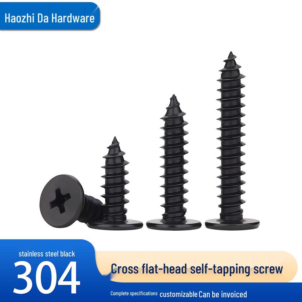 Black CA Flat Head Self-Tapping Wood Screw, 304 Stainless Steel, Cross Tip, M2-M8