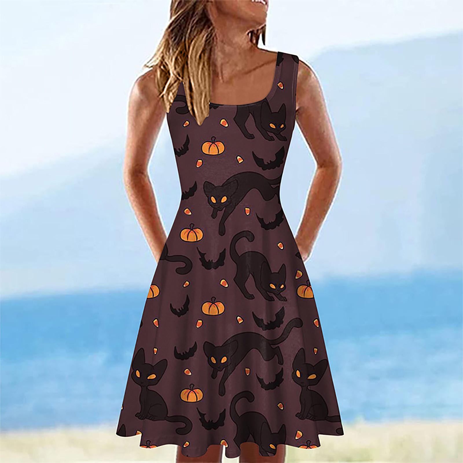Women Casual Fashion Halloween Printed A-line Sleeveless Dress XXL коричневый