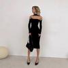 Pure Wind Autumn and Winter Fashion Sexy Chest Long Sleeve Hollow Design Slimming Dress