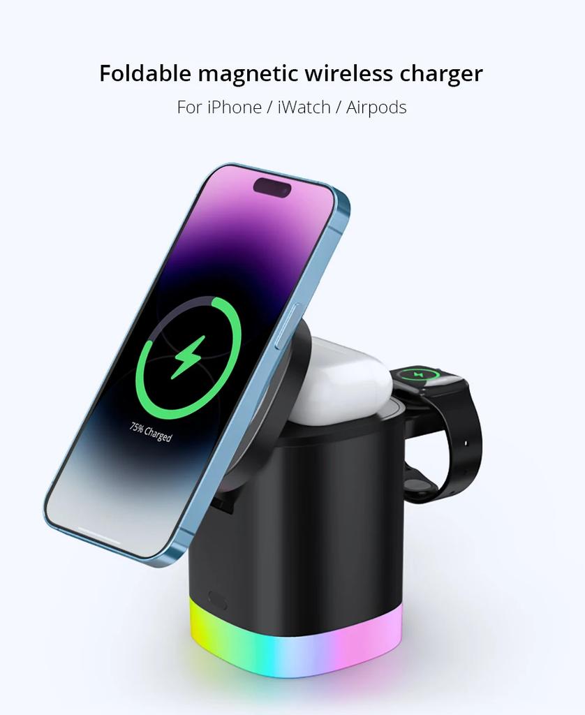 New Light 3 in 1 Magnetic Wireless Charger Stand For iPhone 14 13 12 Apple Watch 8 7 6 Airpods Watch Fast Charging Dock Station