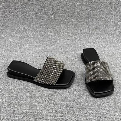 Women Summer Outer Wear Summer Open Toe Casual Flat Low Heel Fashion Square Toe Rhinestone Going Out Slippers Women