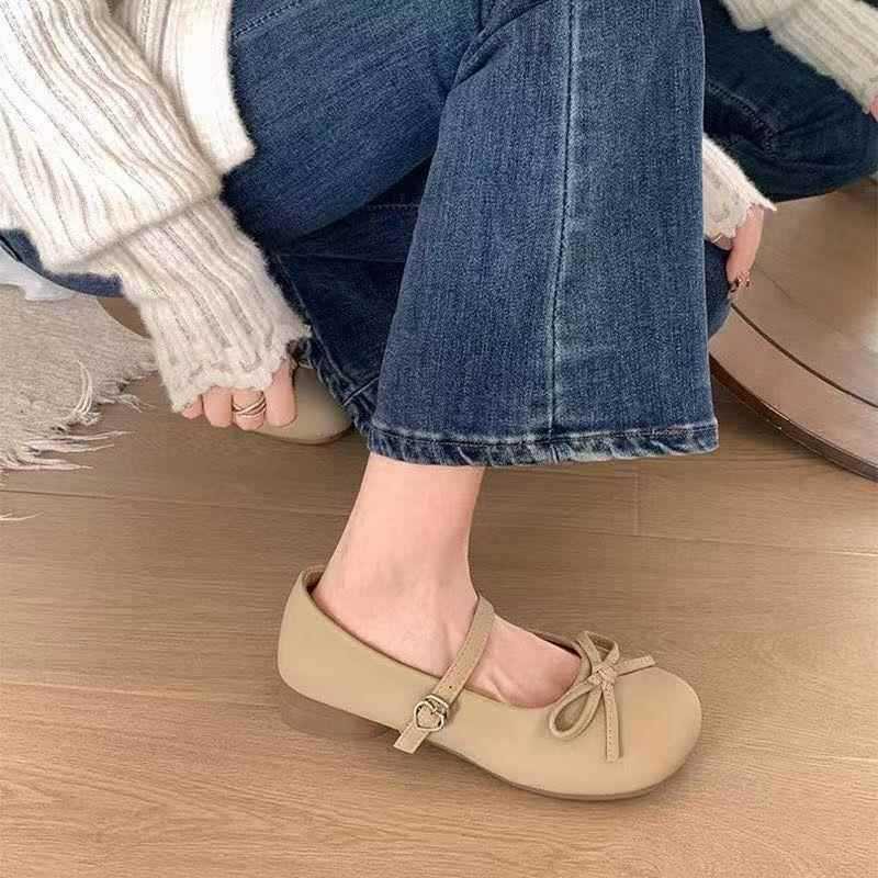 Shoes Women's Summer Versatile Mary Jane Shoes Bow Small Leather Shoes Gentle French Round Head Retro Fairy Style Single Shoes