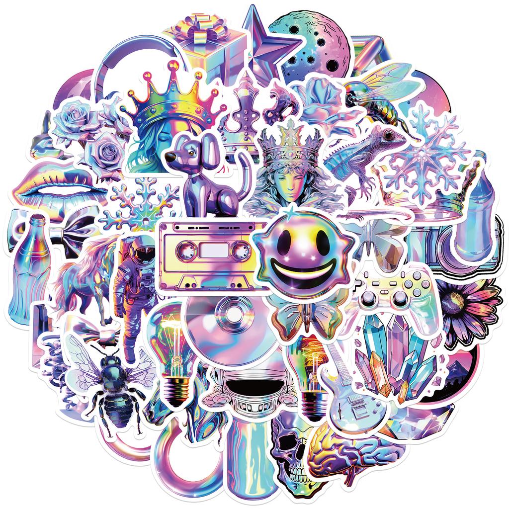 50pcs Cartoon Holographic Laser Aesthetic Stickers Waterproof Graffiti Decals For Water Bottle Luggage Laptop Phone