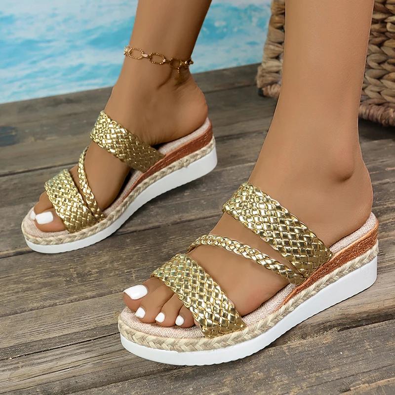 Fashion Gold Wowen Straps Wedge Sandals Women Summer 2025 Platform Rome Shoes Woman Lightweight Thick Sole Sandalias Plus Size 36-43