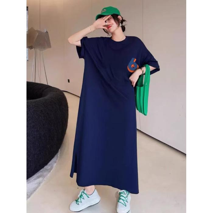 

Summer Korean-style long T-shirt dress, women s loose large-sized short-sleeved slit over-the-knee dress, and a long skirt that covers the belly 4XL