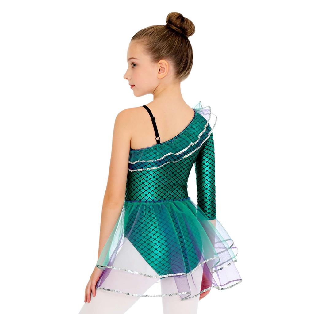 Costum de Sirena pentru Fete cu Mânecă Lungă Salopetă Manșete din Plasă Nasturi Capse Ținută de Scenă