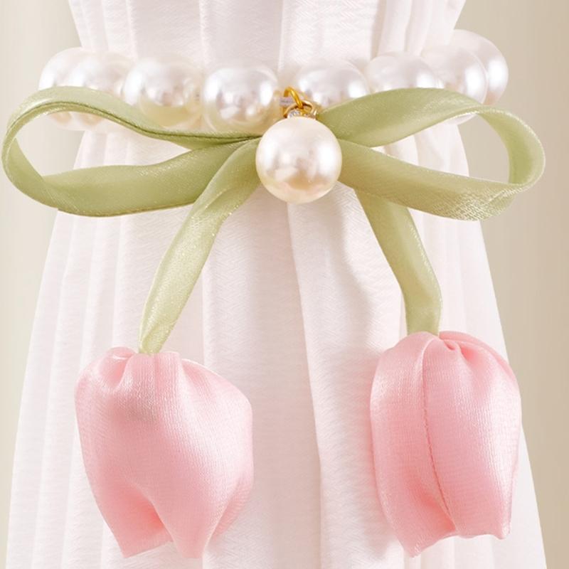 2Pcs Magnetic Clasp Curtain Holdbacks Tulips Bowknot Pearls Beads Window Drape Tiebacks for Living Room Bedroom Decors