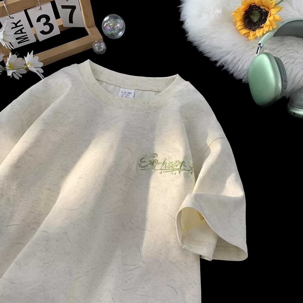 

Американский ретро свободный мужской модный простой вышитый топ с короткими рукавами хлопковая удобная легкая футболка с короткими рукавами 8XL абрикосовый