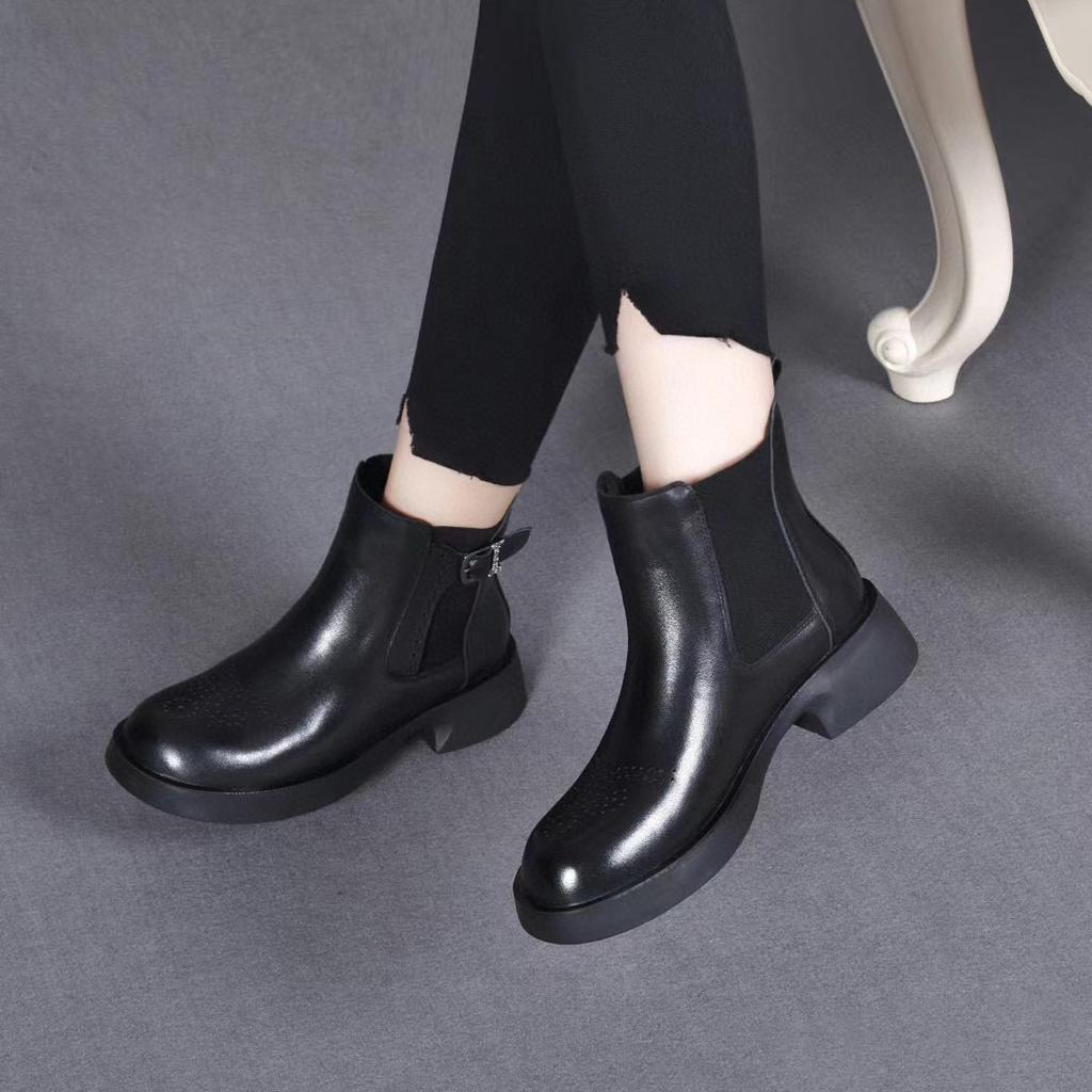 Flat Martin Boots Women's Cigarette Boots First Layer Cowhide Belt Buckle Short Boots Personalized Locomotive Boots Brock Leather Boots