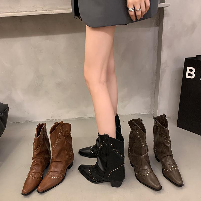 Vintage Rivet Low Pant Boots French Women's Boots Versatile Western Cowboy Boots Knight Boots Small Low Boots