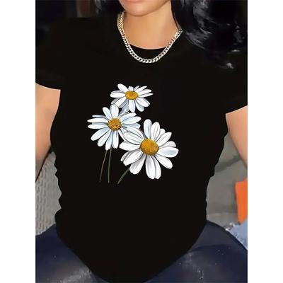 Women Black Daisy Print T-Shirt Short Sleeve Lightweight Comfortable Daily Home Office Casual Outing Top
