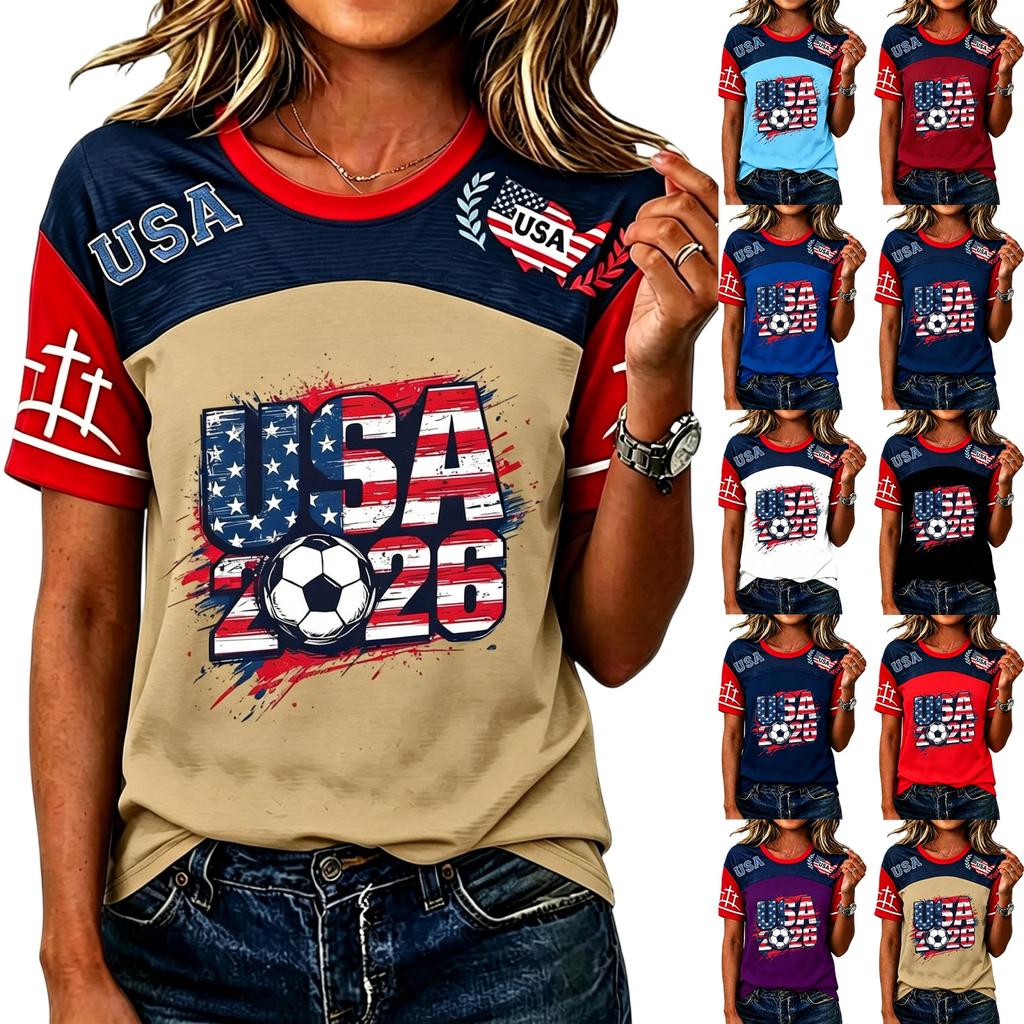 Women's Casual Short Sleeve Pullover Top Crew Neck Soccer Graphic Print Lightweight T-Shirt for Everyday Wear