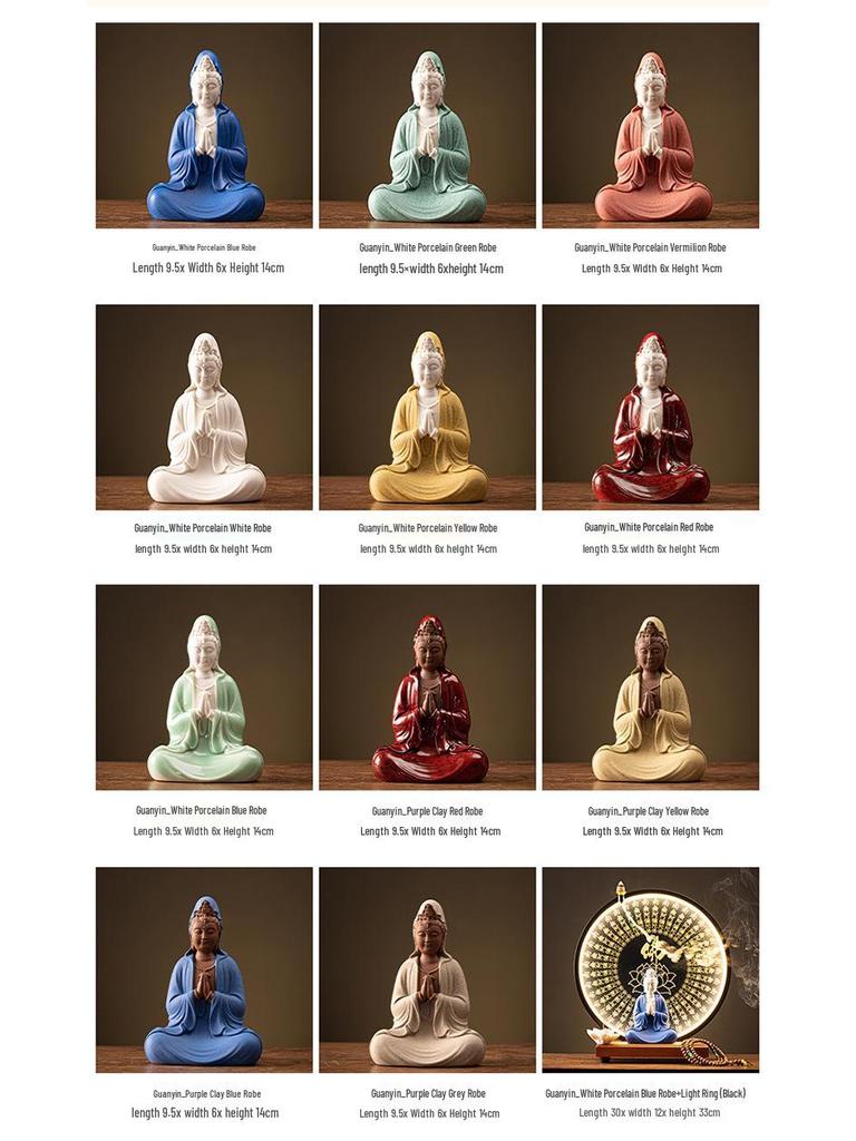Ceramic Seated Guanyin On Lotus with Light Ring and Anjali Mudra for Home Decor