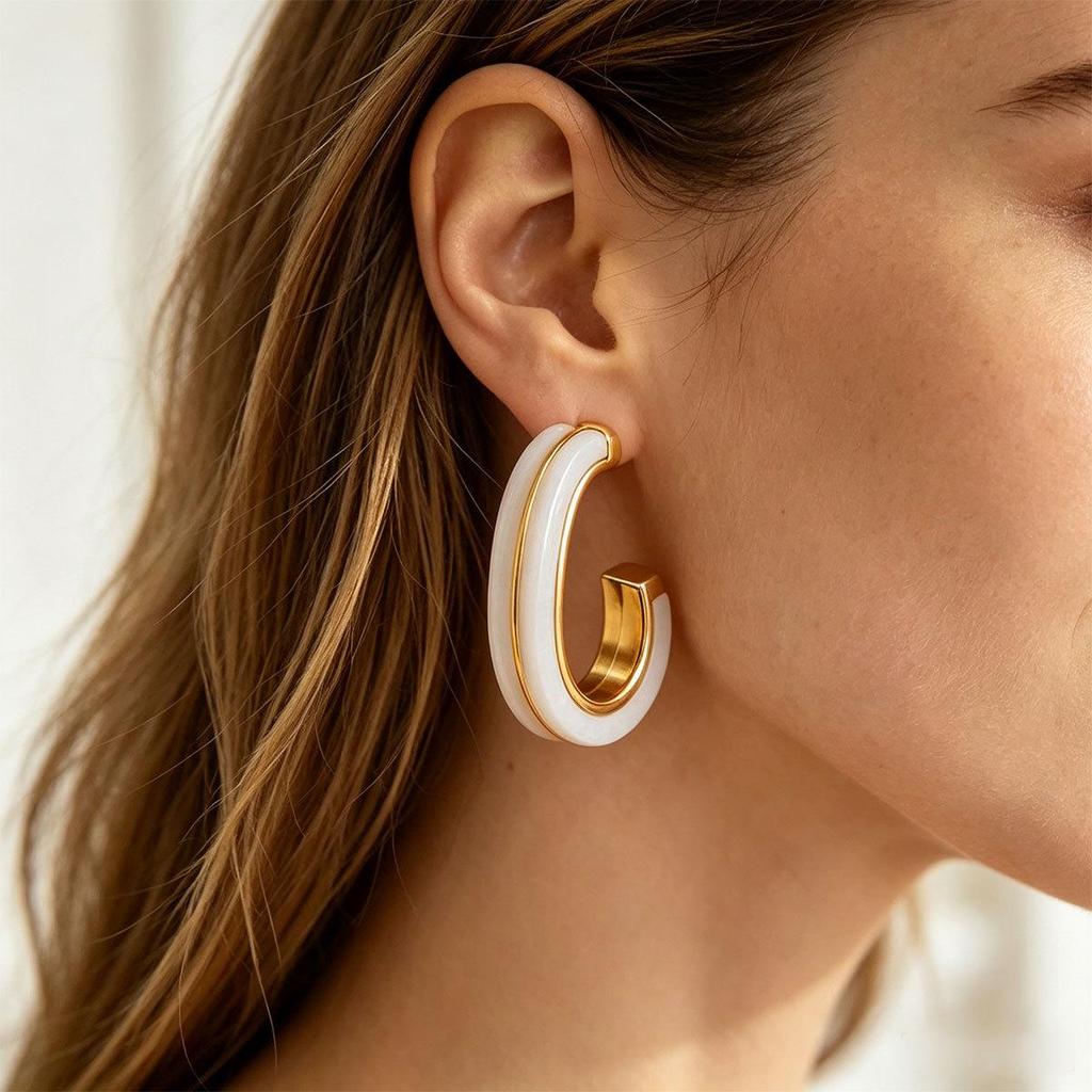 Gold-Lined Geometric Titanium Steel Earrings with White Shell