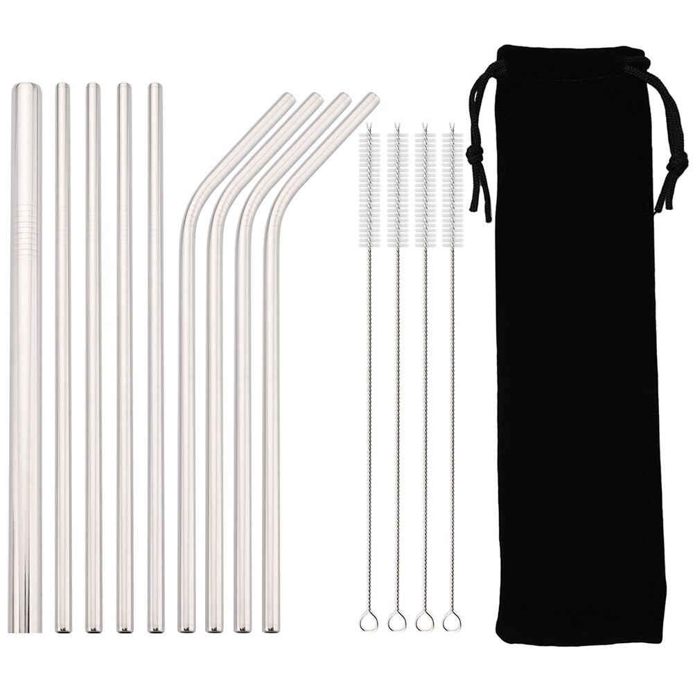 Colorful Reusable Straw Set Metal 304 Stainless Steel Straw Straight Bent Drinking Straw With Case Cleaning Brush Bar Accessory