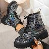 Fashion Bright Sequin Platform Ankle Boots Women Autumn Winter Waterproof Short Booties Mujer Fashion Lace Up Thick Sole Boots Plus Size