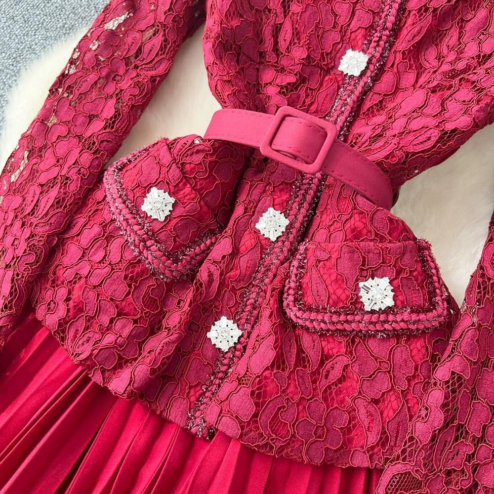 High-End Kleid für Damen im Herbst Französische Mode Spitze Langärmliges Patchwork Taillenbetonendes Plissiertes Langes Kleid