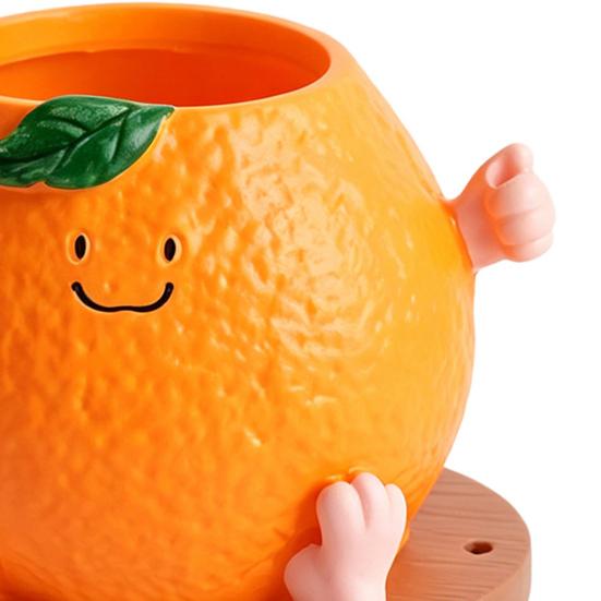 Cute Smiling Orange Succulents Planter, Realistic Orange Shaped Pot with Wooden Base, Kawaii Desktop Decor for Office Desk, Indoor Small Plant Pot