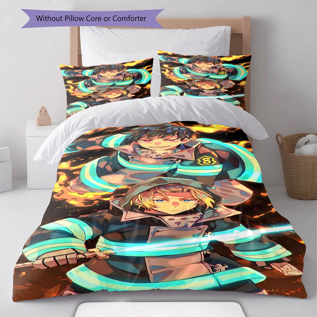 Fire Force  Pattern Bedding,Quilt Set Quilt Cover Pillowcase Home Birthday Gift (1 * Duvet Cover + 2 * Pillowcase, Without Core)