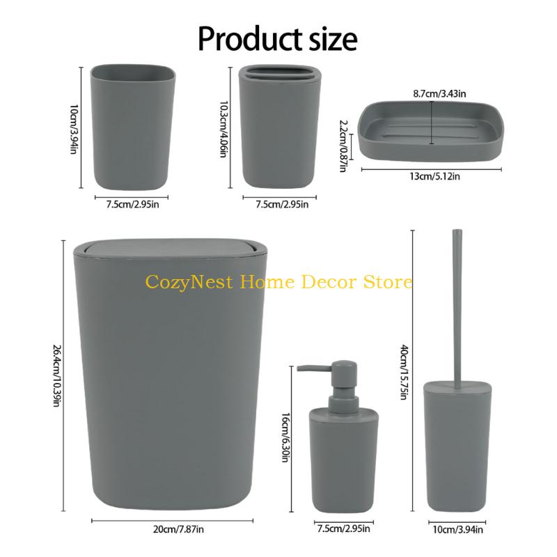 92MF Plastic Bathroom Accessories Set 6pc Hygienic Toothbrush Cup Wastebasket Planner Space Saving Plan