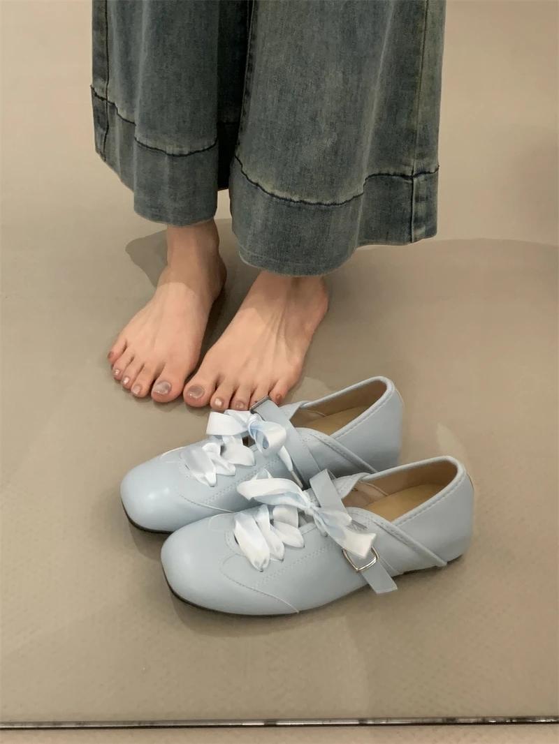 

Мода 2025 Совершенно новые милые женские балетки на шнуровке с квадратным носком и ремешком с пряжкой, удобные, легкие, на низком каблуке, повседневная обувь для женщин 40 синий