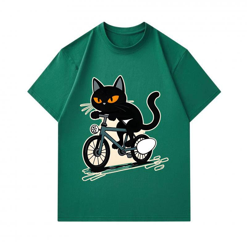 Men's 100% Cotton Crew Neck Short Sleeve T-Shirt, Funny Riding Bicycle Black Cat Graphic Casual Tee, Comfortable Breathable Summer Top for Daily Stree