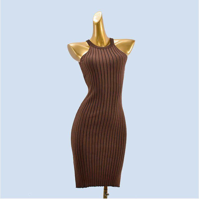 

Fashion Women s Wear Sunken Stripe Skinny Sheath Sleeveless Halter Pure Color Dress Split Vest One-Step Skirt New Arrival Coffee Brown All yards
