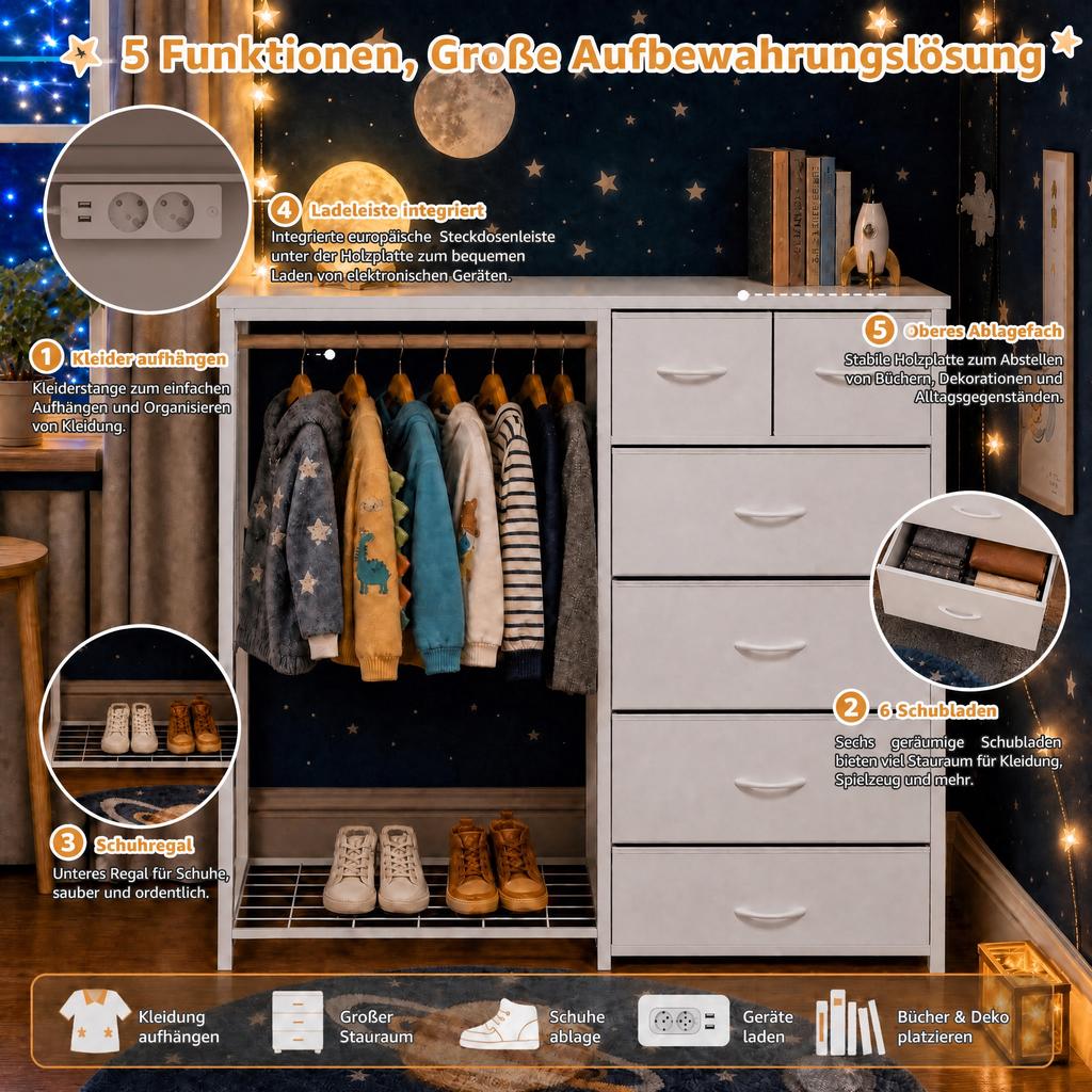 Children's Wardrobe with 6 Drawers, Clothes Rail & Socket - Multifunctional Coat Rack for Children's Room, White