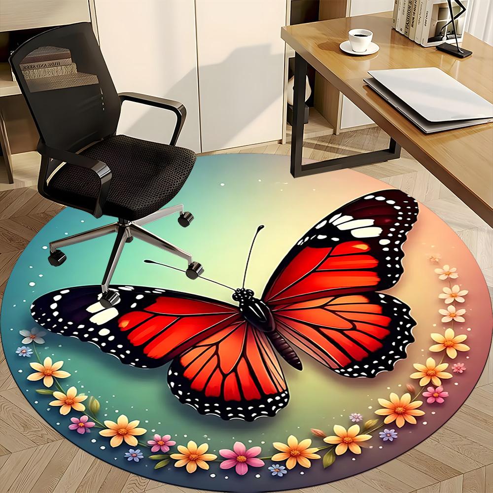 1pc Butterfly Print Chair Carpet for Office, Round Polyester Mat, Indoor Decor for Office, Easycare Fabric, Washable Non-slip Area Carpet