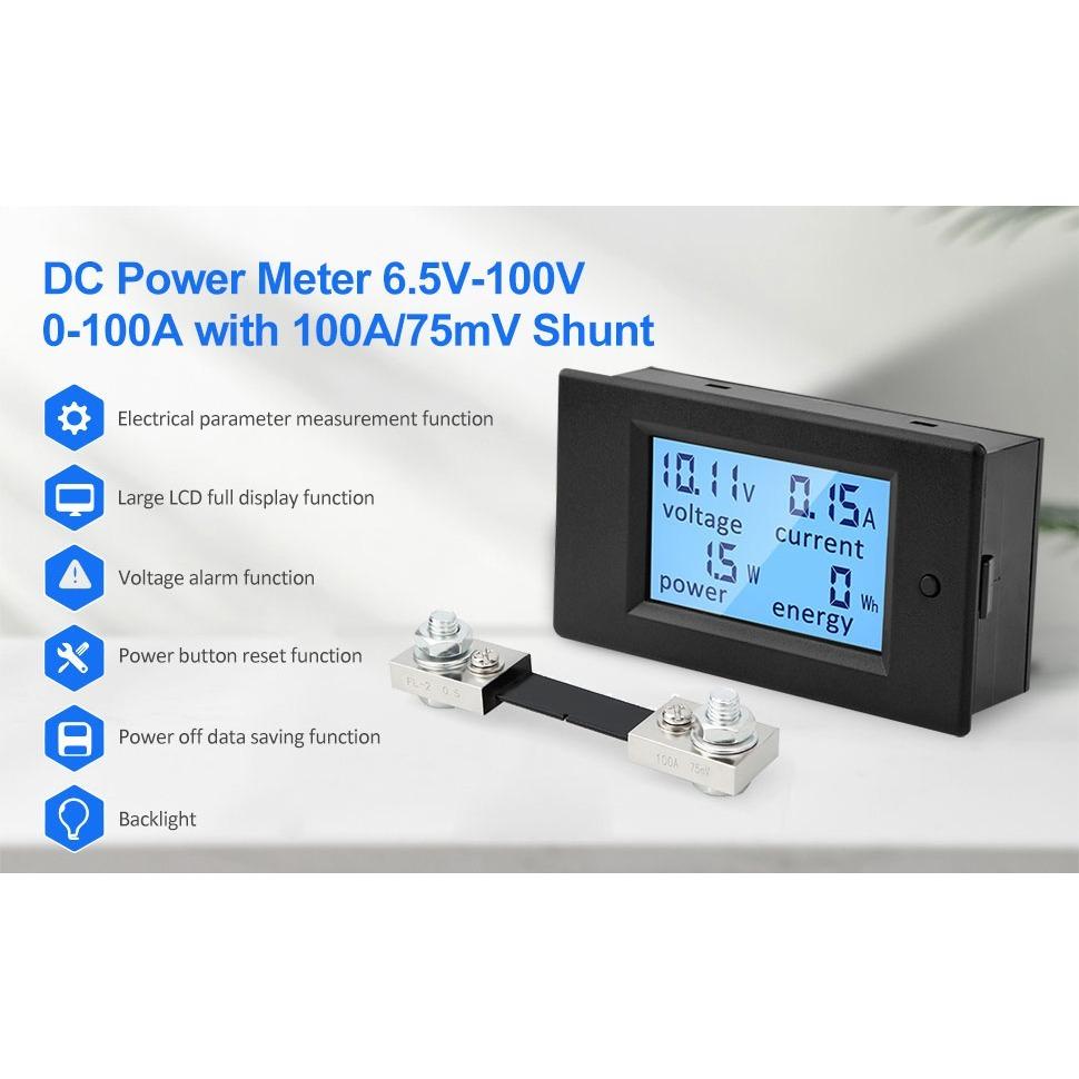 Digitales Amperemeter, Voltmeter, DC 6,5 V-100 V, 100 A, 50 A, 20 A, Multimeter, Leistungsmesser, LCD-Anzeige, Volt, Watt, Leistungsmesser, Energiemesser mit 100 A/75 mV Shunt